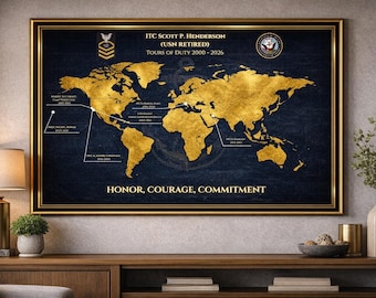 Personalized Navy Retirement Map | USN Duty Station Gift | Military Career Tribute Print | Navy Wall Art | Metal Canvas Poster