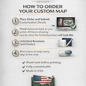 May include: An infographic from Duty Station Designs detailing the process to order a custom map. The steps include submitting details, proofing within 48 hours, unlimited revisions, and support. The image includes a Veteran Owned Shop badge.