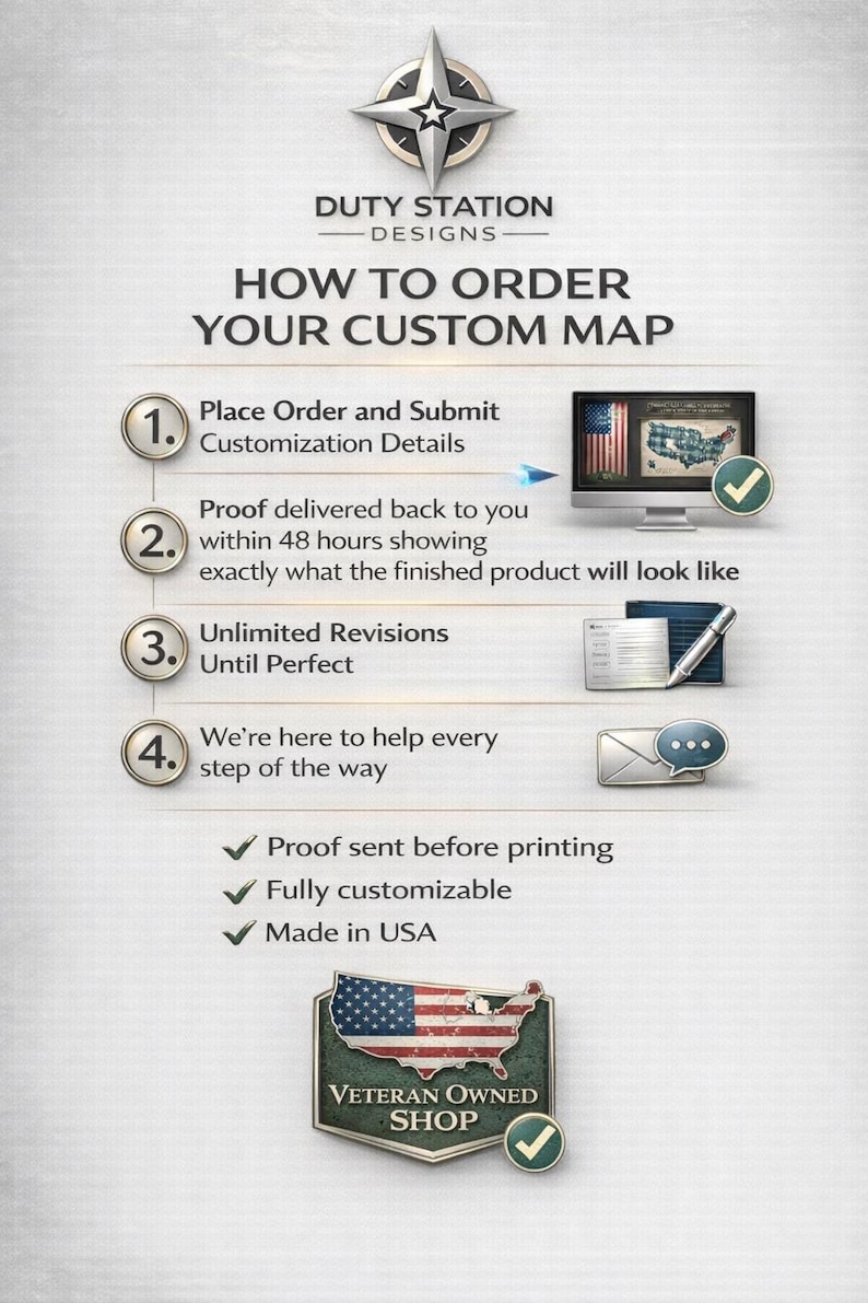 May include: An infographic from Duty Station Designs detailing the process to order a custom map. The steps include submitting details, proofing within 48 hours, unlimited revisions, and support. The image includes a Veteran Owned Shop badge.