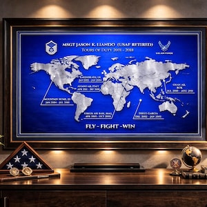 Mappa personalizzata del ritiro dell'aeronautica militare / Regalo personalizzato della stazione di servizio USAF / Stampa su tela metallica / Tributo al servizio dei veterani militari