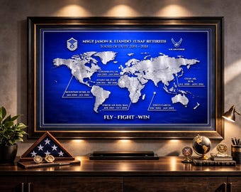 Personalized Air Force Retirement Map | Custom USAF Duty Station Gift | Metal Canvas Print | Military Veteran Service Tribute