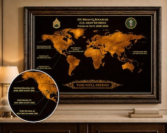 Army Retirement Gift Personalized | Soldier Career Tribute Plaque | Custom Military Retirement Map | Veteran Gift