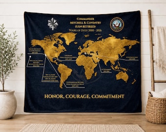 Personalized Navy Sherpa Blanket | Custom Navy Duty Station Map | Military Retirement Gift | Veteran Service Tribute Blanket