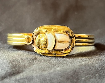 Brass Egyptian Bangle | Pearl White Scarab Bracelet, Hinged Cuff