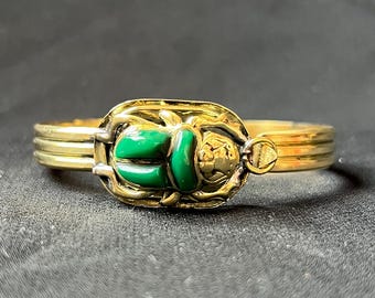 Green Scarab Bracelet Golden Egyptian Bangle with Pearl-Tone Beetle | Ancient Symbol Jewelry Adjustable Hinged Cuff Made In Egypt
