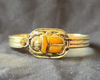 Tiger’s eye brown Scarab Bracelet Golden Egyptian Bangle with Pearl-Tone Beetle | Ancient Symbol Jewelry Adjustable Hinged Cuff