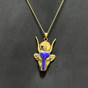 Hathor Cow Head Necklace Gold Egyptian Goddess Pendant with Blue Enamel Ancient Egypt Jewelry | Divine Feminine Statement Gift Made In Egypt