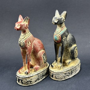 Set of Egyptian Bastet for sale red and black colors of egyptian goddess bastet statue Handmade made in egypt