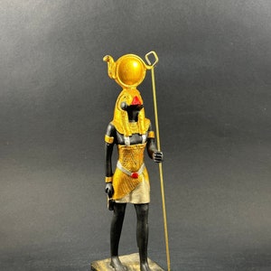 Statue of Ra Harakhte Sun God crowned with a solar disk green Ancient Egyptian art handmade antique Made In Egypt