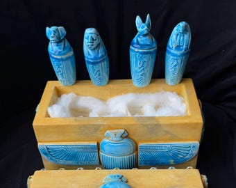Egyptian Scarab Treasure Box with Canopic Jars – Blue and Gold Ancient Egypt Keepsake Storage Chest Made in Egypt