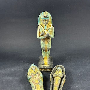 Tutankhamun unique egyptian statue with its tomb and a tiny mummy inside it Majestic Piece of Ancient Egyptian Home decor Made in Egypt