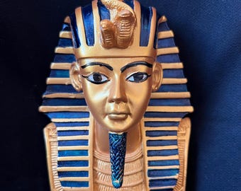 黒と青のツタンカーメン王の壁掛け胸像 - エジプトのファラオ、手作り