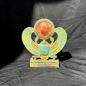 Egyptian Winged Scarab Beetle Amulet Statue, Carved Scarab with Sun Disc, Egypt Good Luck Talisman Figurine, Collectibles, Egypt Gifts