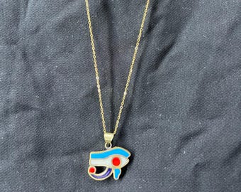 Unique Egyptian Eye of Horus Pendant Necklace – Golden Chain with Colorful Enamel Symbol of Protection and Power Made of Brass