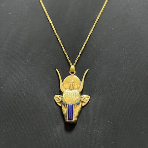 Hathor Cow Head Necklace with Blue Eyes Gold Egyptian Goddess Pendant with Deep Blue Inlay Ancient Mythology Statement Jewelry Made In Egypt
