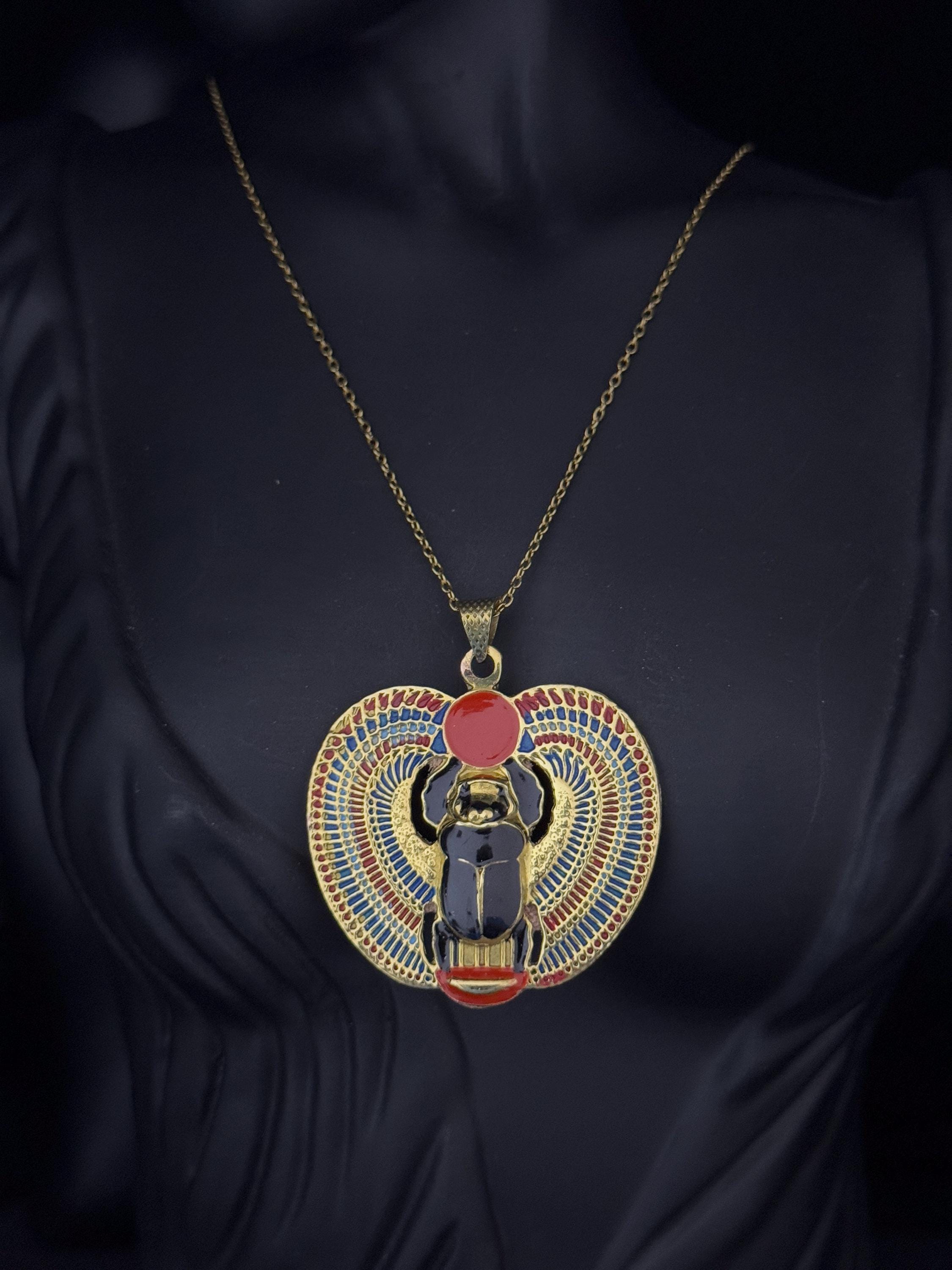 Ancient Egyptian Winged Scarab Pendant Necklace – Gold and Black Enamel ...