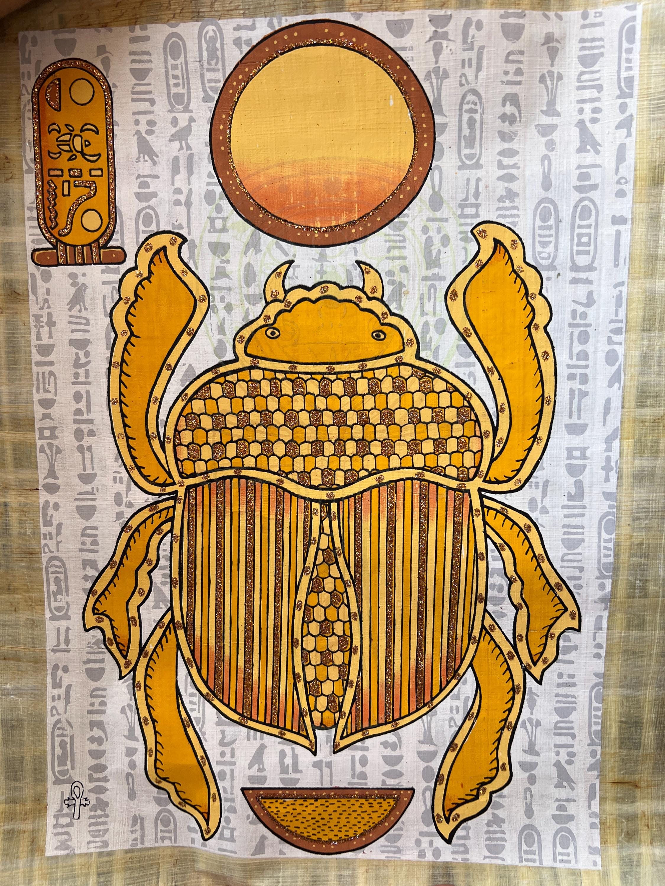 エジプトのスカラベパピルス｜再生と守護の象徴を描いた手描きの絵
