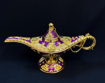 Aladdin lamp golden decorated with purple color Ornately Embossed Collection for Wedding Made in Egypt.