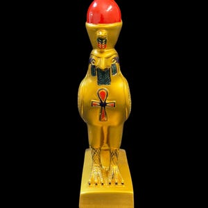Golden Horus Falcon Statue with Red Crown Egyptian Falcon Sculpture Handmade Ancient Egypt Decor Eye of Ra Protective Symbol Made In Egypt