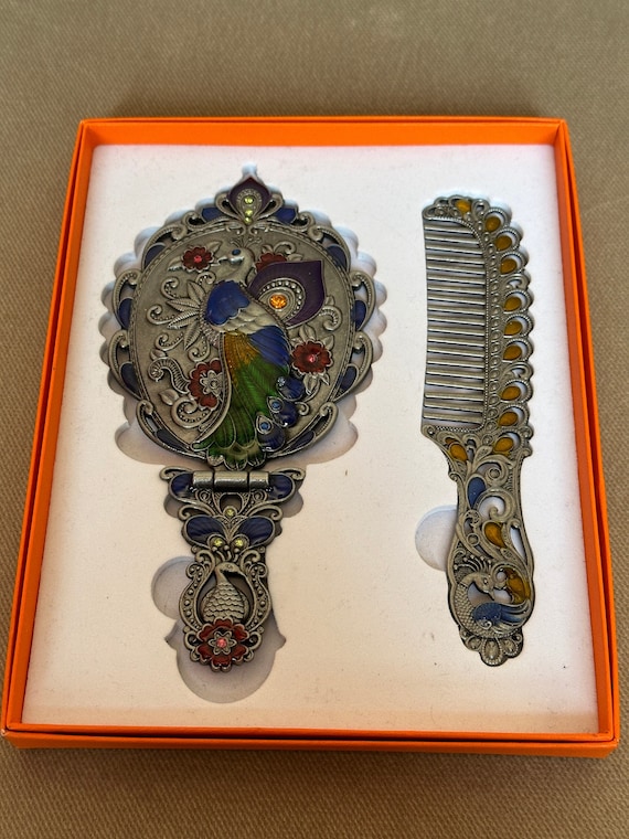 Large Mirror and Comb Set - Antique Silver Color Peacock  display picture 1