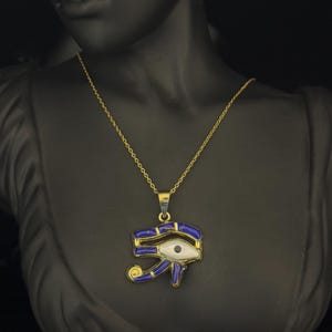 Ancient Egyptian Eye of Horus Gold and Blue Pendant Necklace – Protective Amulet of Health, Strength, and Spiritual Wisdom Made In Egypt