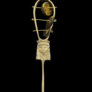 Ancient Gold Sistrum Rattle Egyptian Ritual Bell with Pharaoh Face Handcrafted Brass Temple Instrument for Mystical Use Made in Egypt