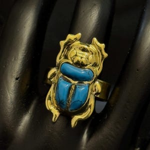 KhepriI Ring cyan scarab mother of pearl inlay Ring carved scarab beetle jewelry, Egyptian scarab Egyptian revival Handmade - Made In Egypt