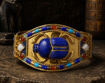 May include: A gold-toned cuff bracelet featuring a central carved blue lapis lazuli scarab beetle. The bracelet is decorated with inlaid rectangular blue and orange stones, small white diamond-shaped accents, and circular red stones along the edges.