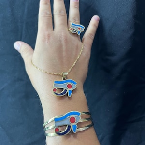 Egyptian Eye of Horus Jewelry Set Gold Enamel Ring, Bracelet & Pendant with Chain Ancient Egyptian Protection Symbol Blue Red Made In Egypt