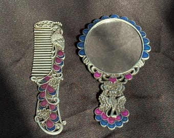 FRCOLOR Vintage Handspiegel Mit Kamm – Antik-Design, Metall, Ca. 14x7 Cm