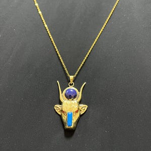 Hathor Cow Head Necklace with Blue Sun Disk | Gold Egyptian Goddess Pendant | Red Eye Mythical Jewelry | Divine Statement Gift Made In Egypt