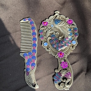 Amazing Mirror and Comb Set Antique Copper Color Peacock Pattern Hand Mirror and Comb Vintage Design a Meaningful Gift Made In Egypt