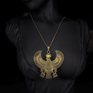 Egyptian Horus Falcon Pendant Necklace Gold Tone Brass Statement Amulet with Ankh and Sun Disk Handmade Symbolic Jewelry Made In Egypt