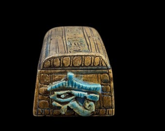 Handmade Eye of Horus Trinket Box with Blue Ankh Egyptian Keepsake Chest with Hieroglyphs Ancient Style Jewelry Holder Made in Egypt