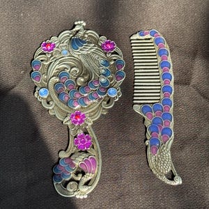 Unique Mirror and Comb Set - Antique Copper Color Peacock Pattern - Hand Mirror and Comb - Vintage Design - a Meaningful Gift -Made In Egypt