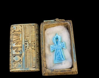 Ancient Egyptian Eye of Horus Trinket Box Blue Ankh Amulet Handcrafted Pharaoh Style Keepsake Box with Hieroglyphic Detailing Made in Egypt