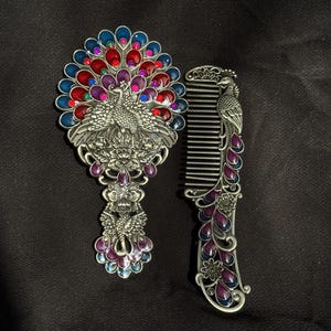 Mirror and Comb Set - Antique silver Color Peacock Pattern - Hand Mirror and Comb - Vintage Design - a Meaningful Gift - Made In Egypt