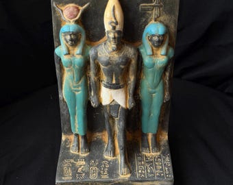 Triads of Menkaure Pharaoh Egyptian gods stands between goddess Hathor and his wife Set of Egyptian gods Menkaure Hathor Made In Egypt