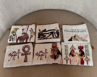 Set of six pieces Canvas Wallet - Horus, Eye of Horus, Pyramids of Giza, Ancient Egyptians, Ankh key of life, Queen Cleopatra, Made In Egypt