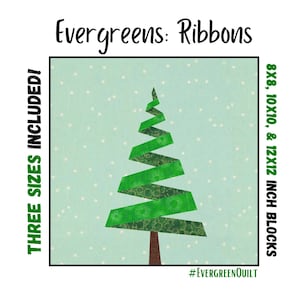 Könnte beinhalten: Ein grünes Band-Weihnachtsbaum-Patchworkmuster auf blauem Schneefallhintergrund. Das Muster umfasst drei Größen: 8x8, 10x10 und 12x12 Zoll. #EVERGREENQUILT