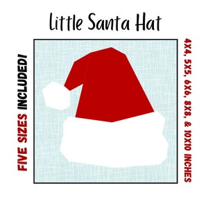 Puede incluir: Un patrón de aplique de gorro de Papá Noel rojo y blanco en cinco tamaños: 4x4, 5x5, 6x6, 8x8 y 10x10 pulgadas.