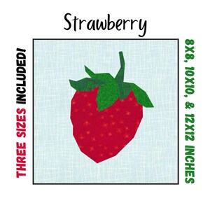 Peut inclure: Un modèle de patchwork numérique pour une fraise, avec trois tailles incluses : 8x8 pouces, 10x10 pouces et 12x12 pouces.