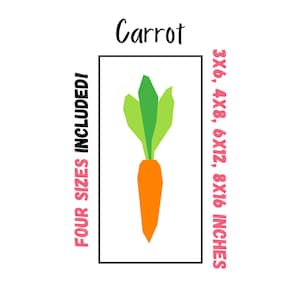 Puede incluir: Ilustración digital de una zanahoria con hojas verdes y cuerpo naranja, dentro de un rectángulo negro. La palabra "Zanahoria" está encima de la imagen, con el texto "FOUR SIZES INCLUDED!" y dimensiones.