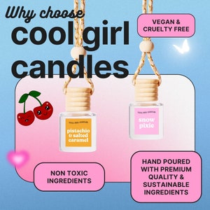 Peut inclure: Deux petites bouteilles en verre avec des couvercles en bois et des cintres en corde. Les bouteilles sont remplies d'un liquide clair et portent des &eacute;tiquettes indiquant "pistache et caramel sal&eacute;" et "f&eacute;e des neiges". Les bouteilles sont sur un fond rose et bleu avec le texte "Pourquoi choisir les bougies cool girl" et "Vegan & Cruelty Free".