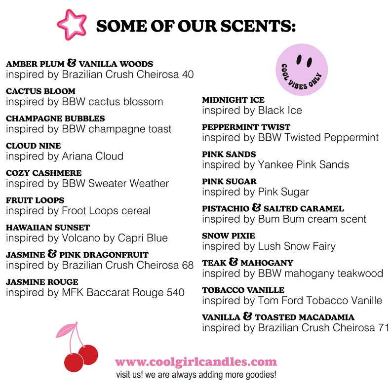 Peut inclure: Un graphique rose et blanc avec le texte "Some of our scents:" et une liste de parfums de bougies avec leur inspiration. Les parfums comprennent Amber Plum & Vanilla Woods, Cactus Bloom, Champagne Bubbles, Cloud Nine, Cozy Cashmere, Fruit Loops, Hawaiian Sunset, Jasmine & Pink Dragonfruit, Jasmine Rouge, Midnight Ice, Peppermint Twist, Pink Sands, Pink Sugar, Pistachio & Salted Caramel, Snow Pixie, Teak & Mahogany, Tobacco Vanille, et Vanilla & Toasted Macadamia. Le graphique comprend &eacute;galement une cerise rose et le texte "www.coolgirlcandles.com visit us! we are always adding more goodies!"