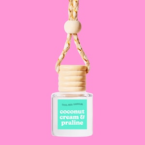 May include: A clear glass air freshener bottle with a wooden cap and a woven rope hanger. The label reads "COOL GIRL CANDLES" and "coconut cream & praline" in a teal font. The background is a solid pink.