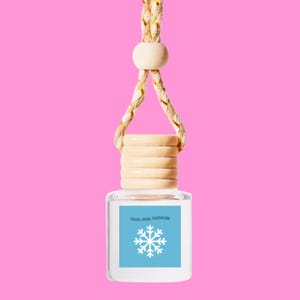 May include: A clear glass bottle with a blue label that says "Cool Air Car Freshener" and a white snowflake design. The bottle is hanging from a brown and gold rope.