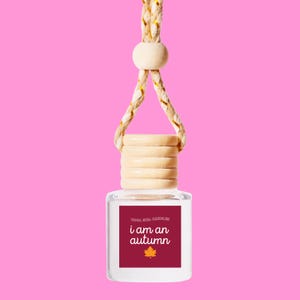May include: A clear glass bottle with a wooden cap and a string for hanging. The bottle has a label that says "Cool Girl Candles" and "i am an autumn".