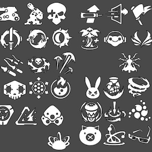 May include: A collection of 36 white icons on a grey background. The icons depict various symbols, including skulls, stars, arrows, and geometric shapes.