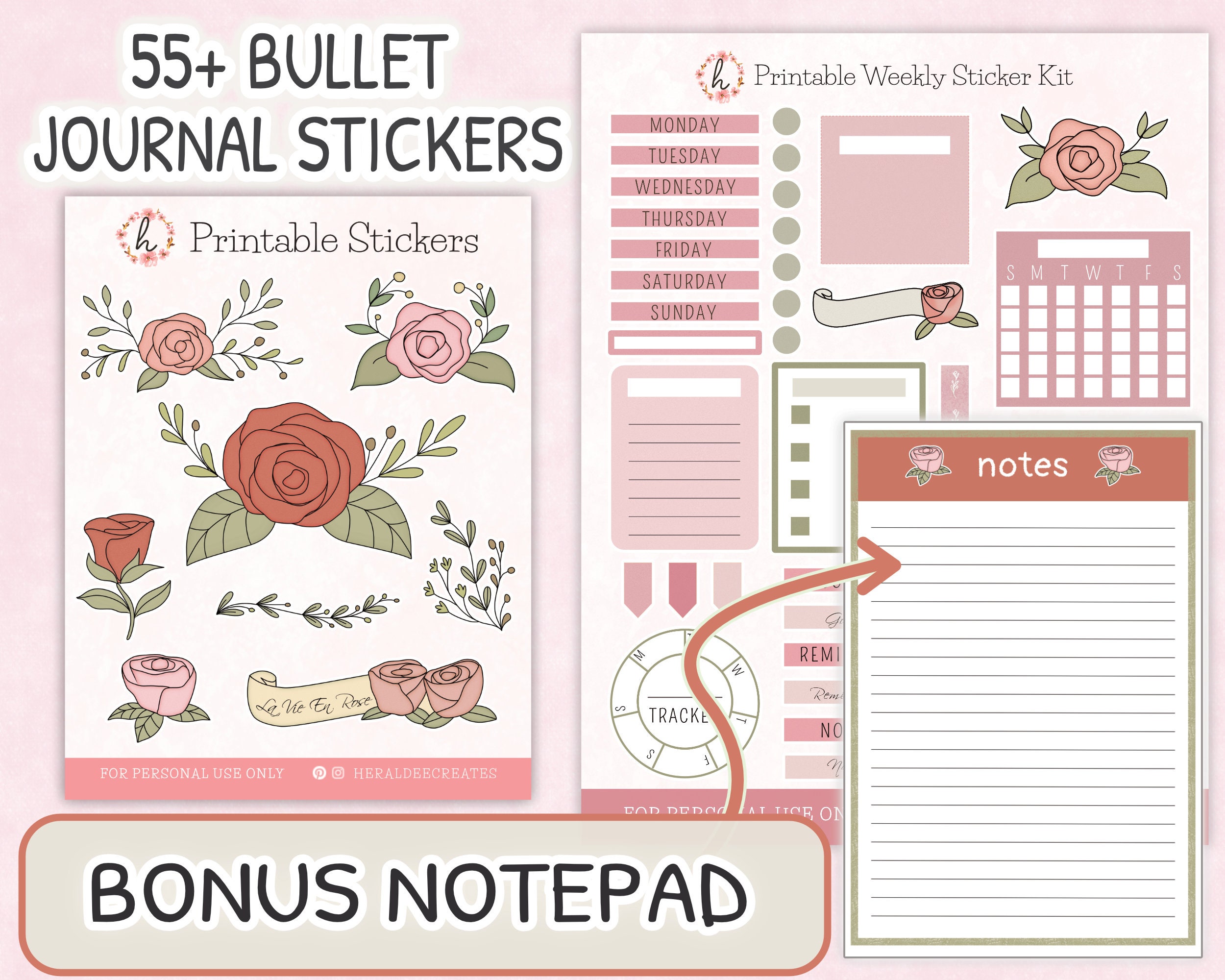 Printable Bullet Journal Kit Rose Stickers Rose Bullet Journal | Etsy